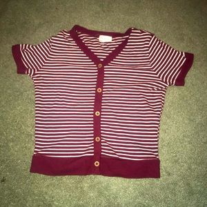 Maroon ish and white striped button shirt